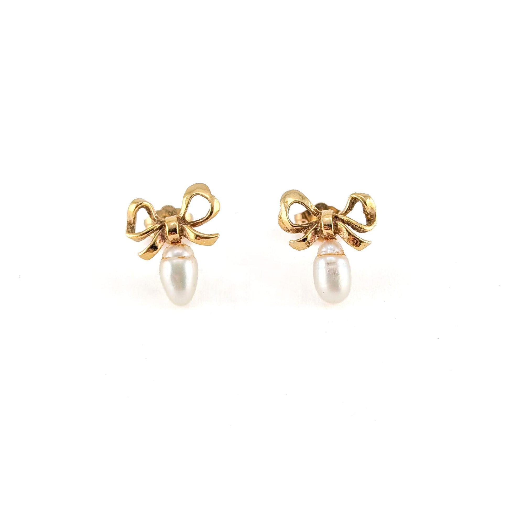 Vintage 14K Yellow Gold Bow & Pearl Earrings
