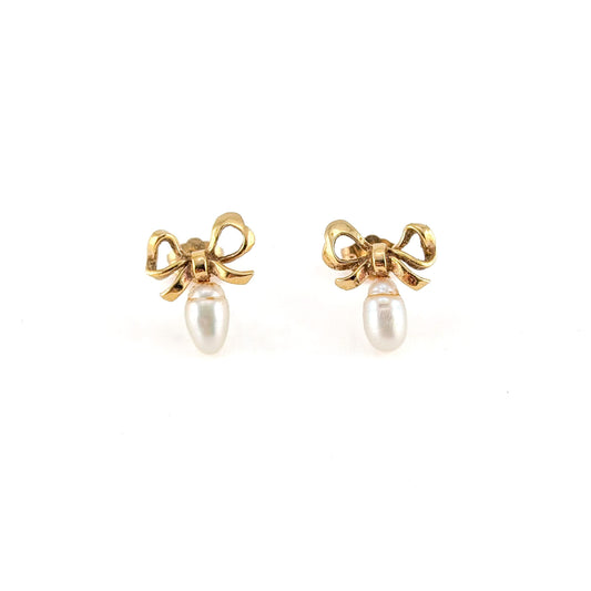 Vintage 14K Yellow Gold Bow & Pearl Earrings
