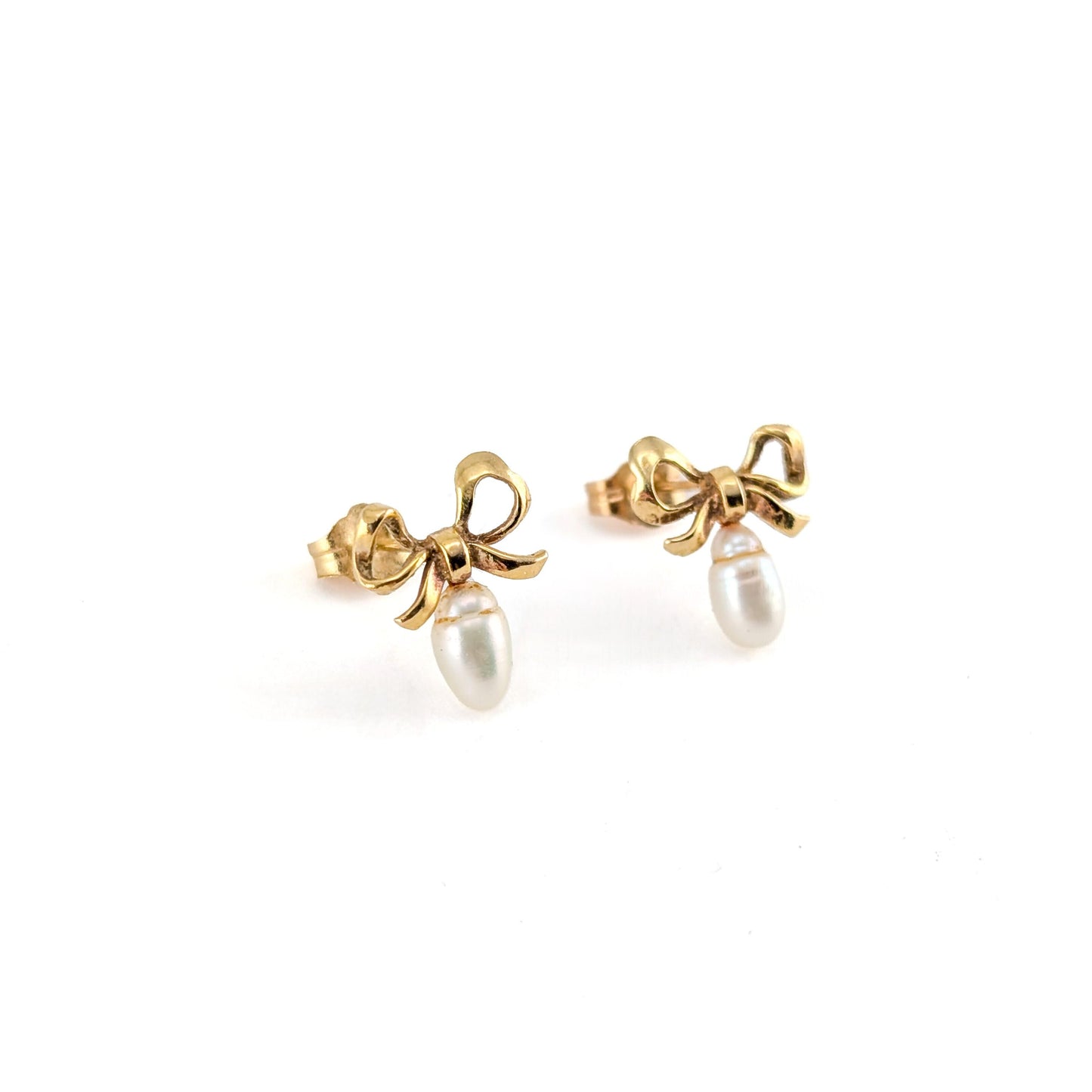 Vintage 14K Yellow Gold Bow & Pearl Earrings