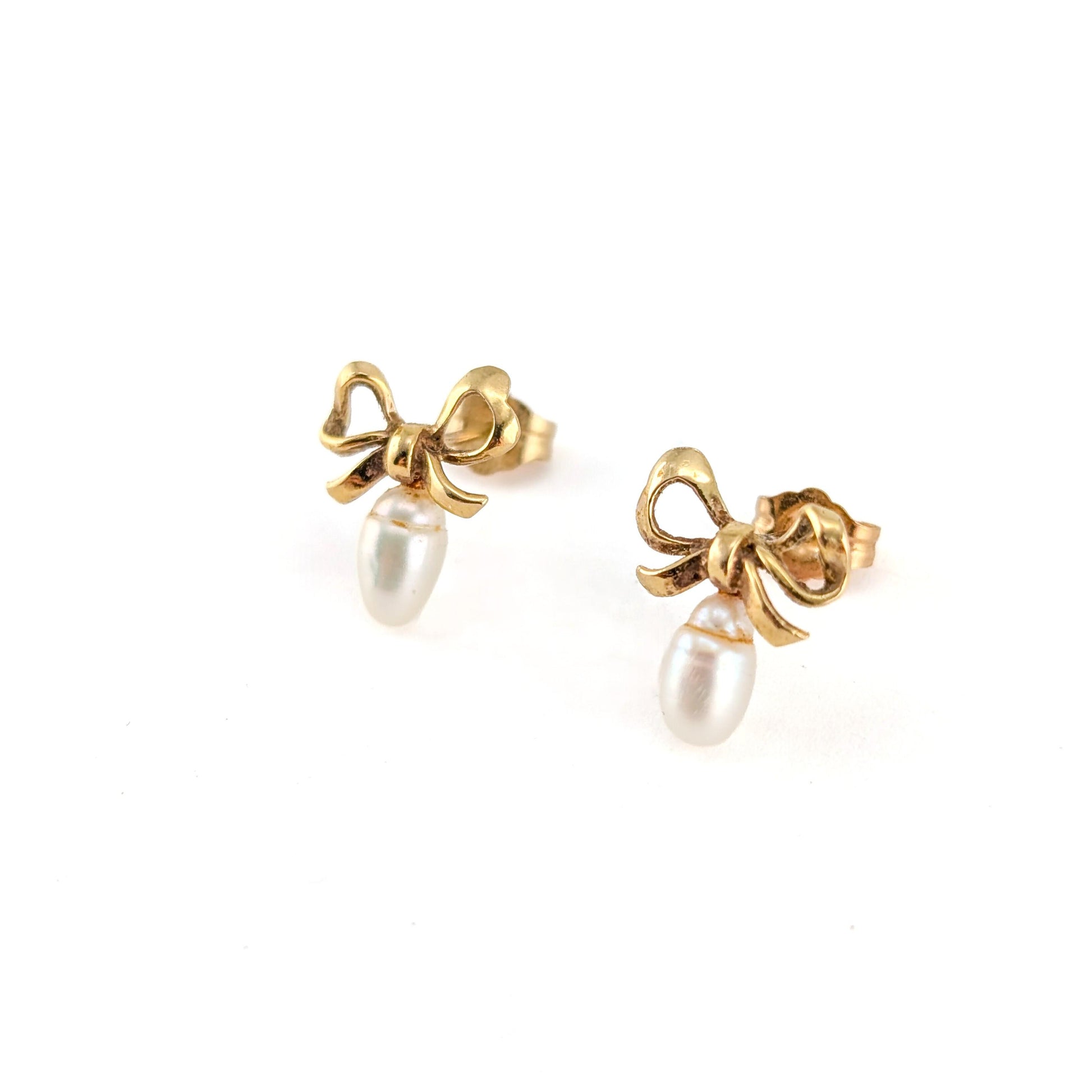 Vintage 14K Yellow Gold Bow & Pearl Earrings