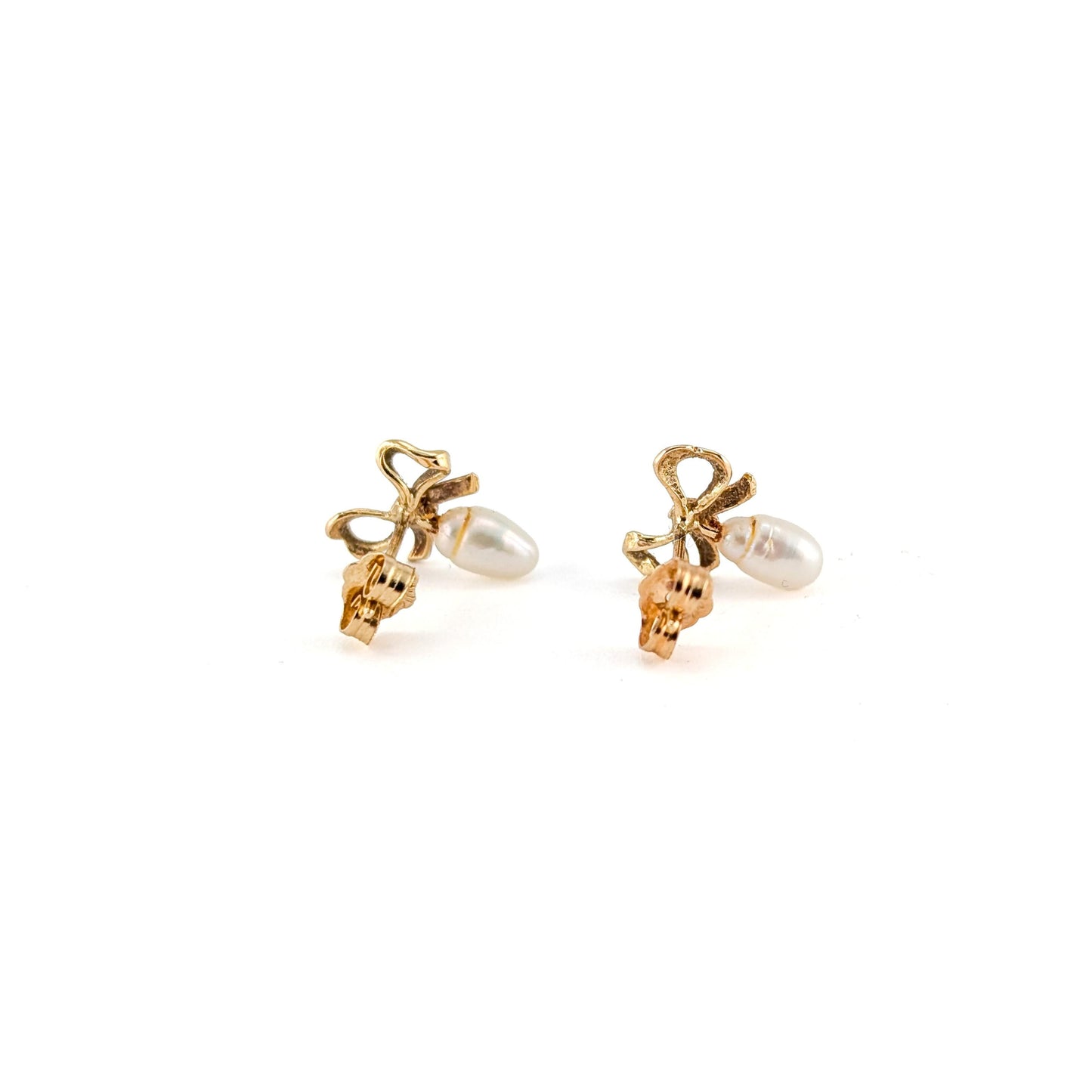 Vintage 14K Yellow Gold Bow & Pearl Earrings