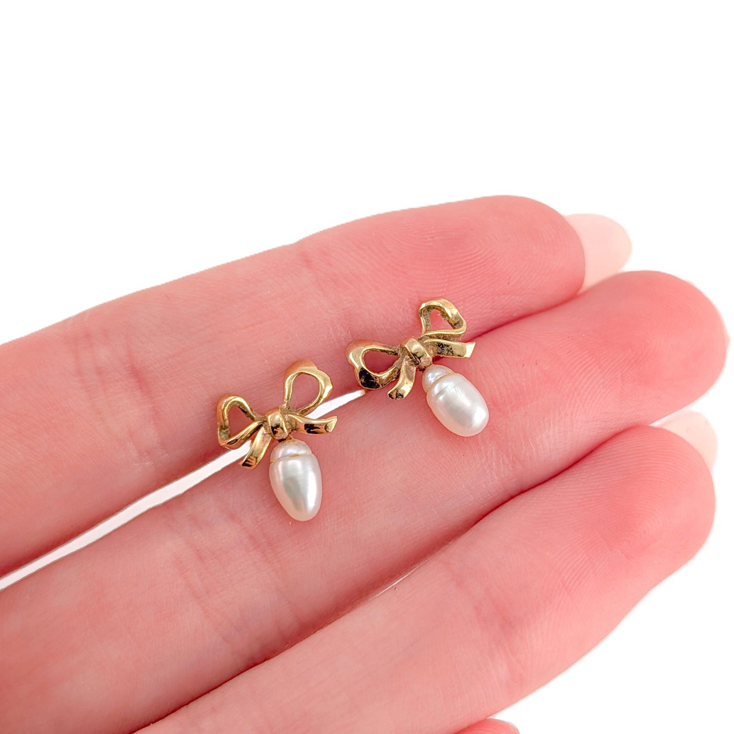 Vintage 14K Yellow Gold Bow & Pearl Earrings