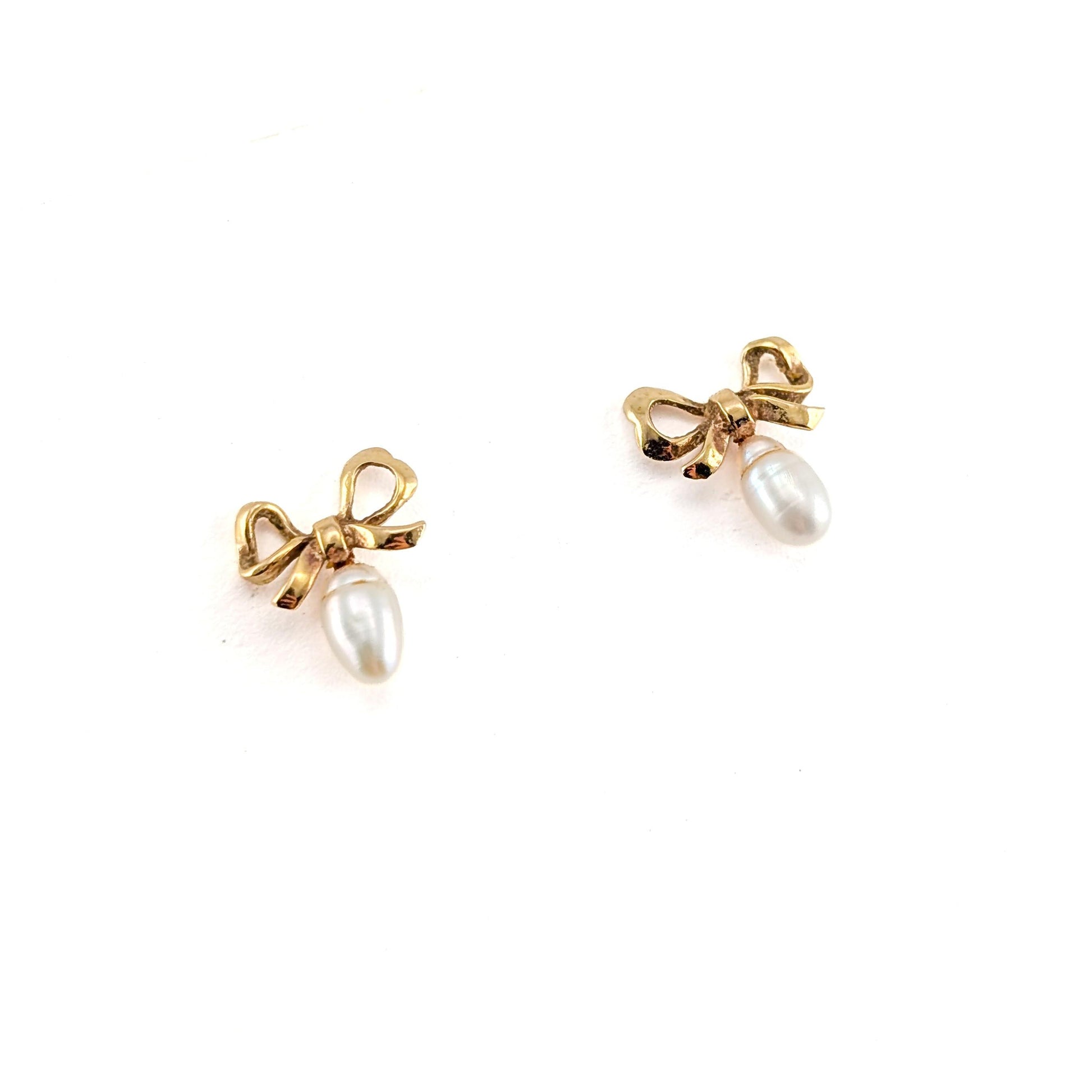 Vintage 14K Yellow Gold Bow & Pearl Earrings