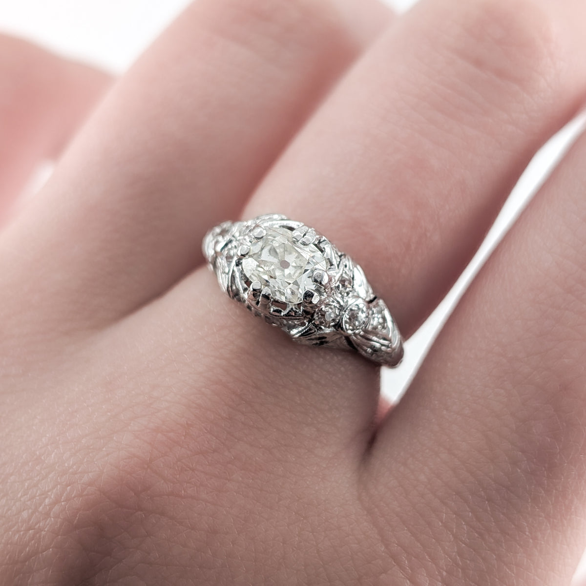 Antique Art Deco Platinum 0.81 Ct Old Mine Cut Diamond Ring, GIA Report