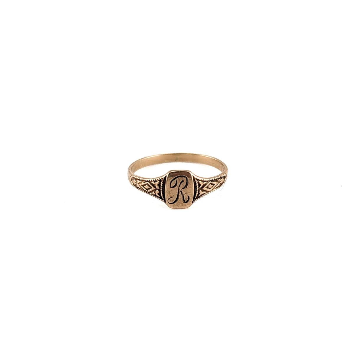 Antique Art Deco 10K Yellow Gold Baby Signet Ring with Engraved “R”