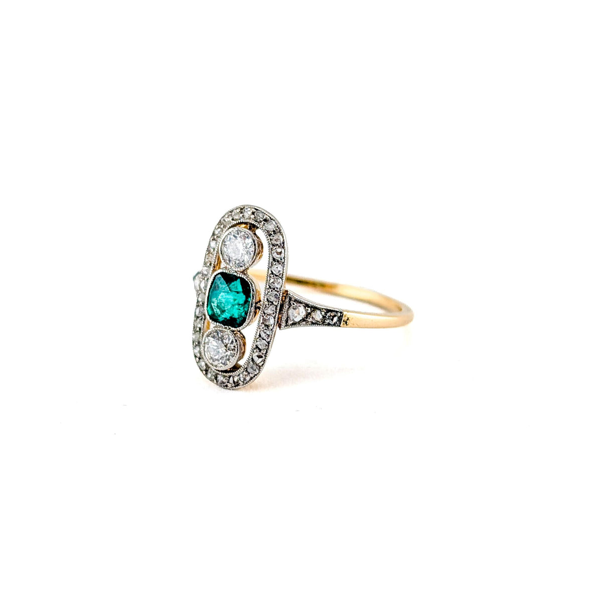 Antique Art Deco Emerald & Old European Cut Diamond Ring
