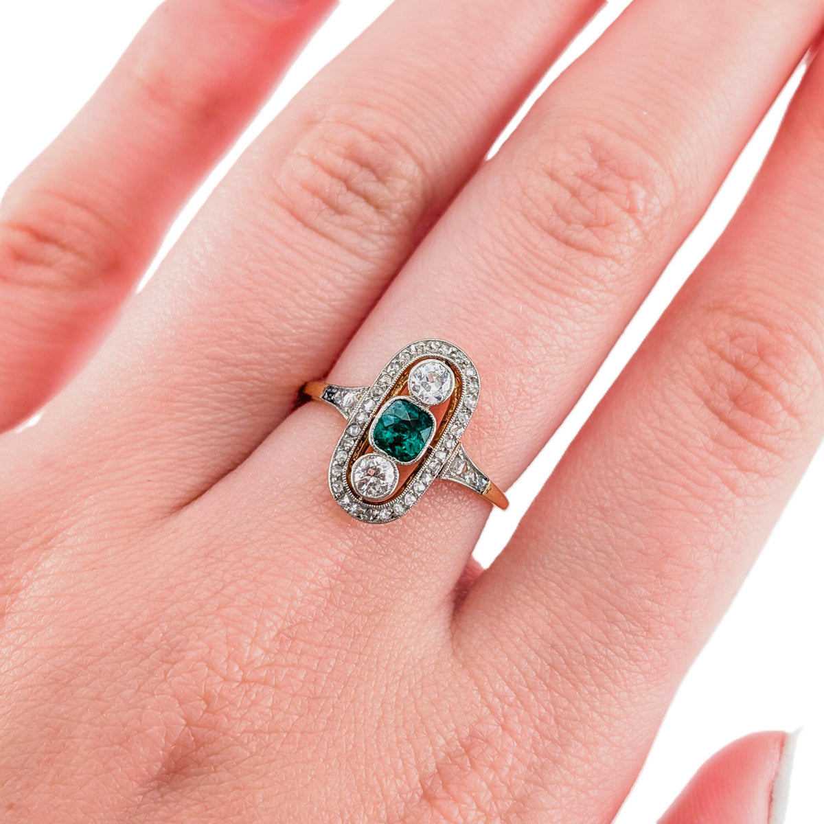 Antique Art Deco Emerald & Old European Cut Diamond Ring
