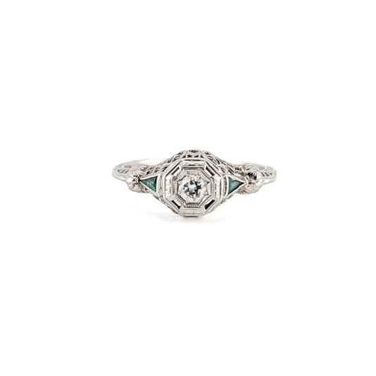 Antique Art Deco 18K White Gold Old European Cut Diamond & Synthetic Emerald Rin