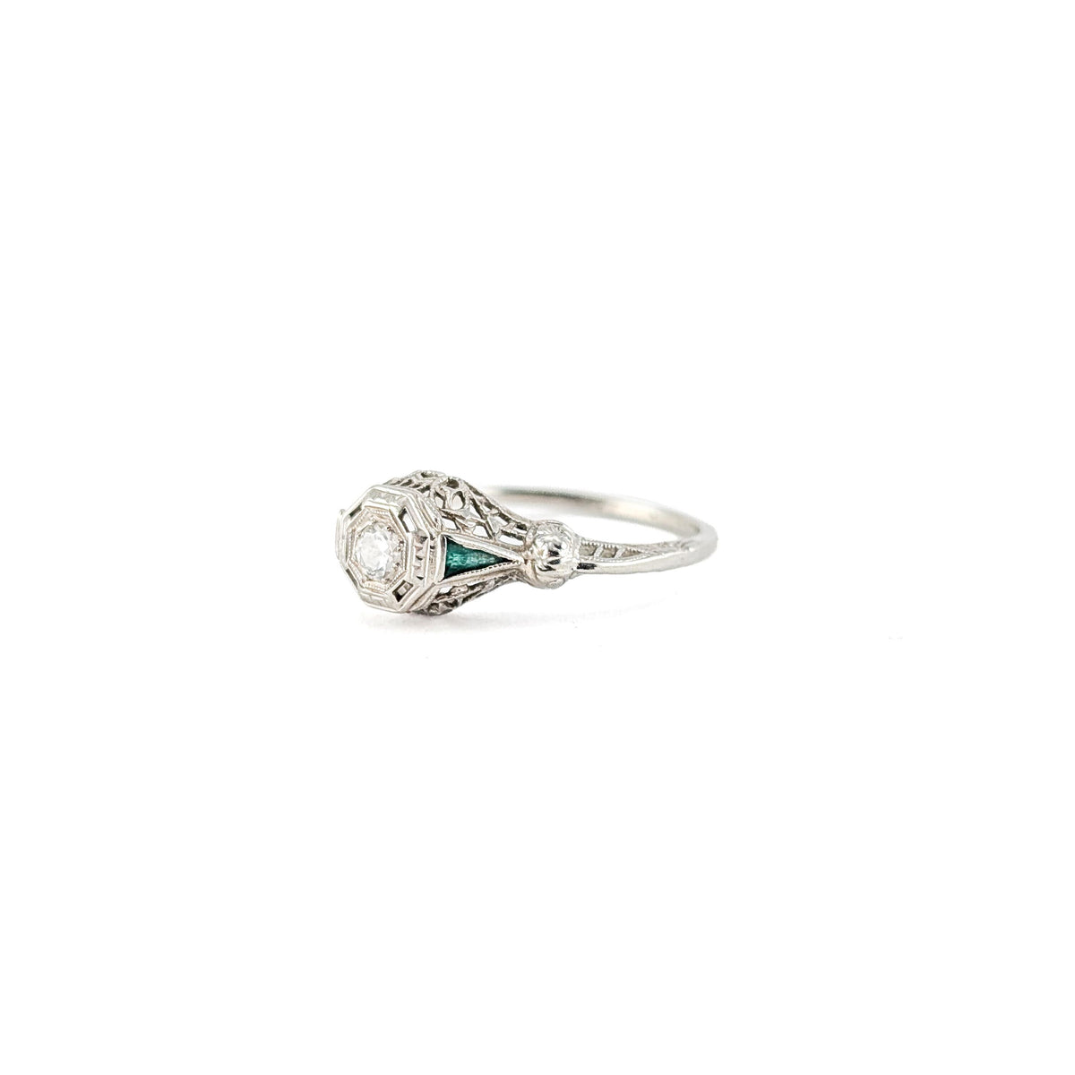 Antique Art Deco 18K White Gold Old European Cut Diamond & Synthetic Emerald Rin