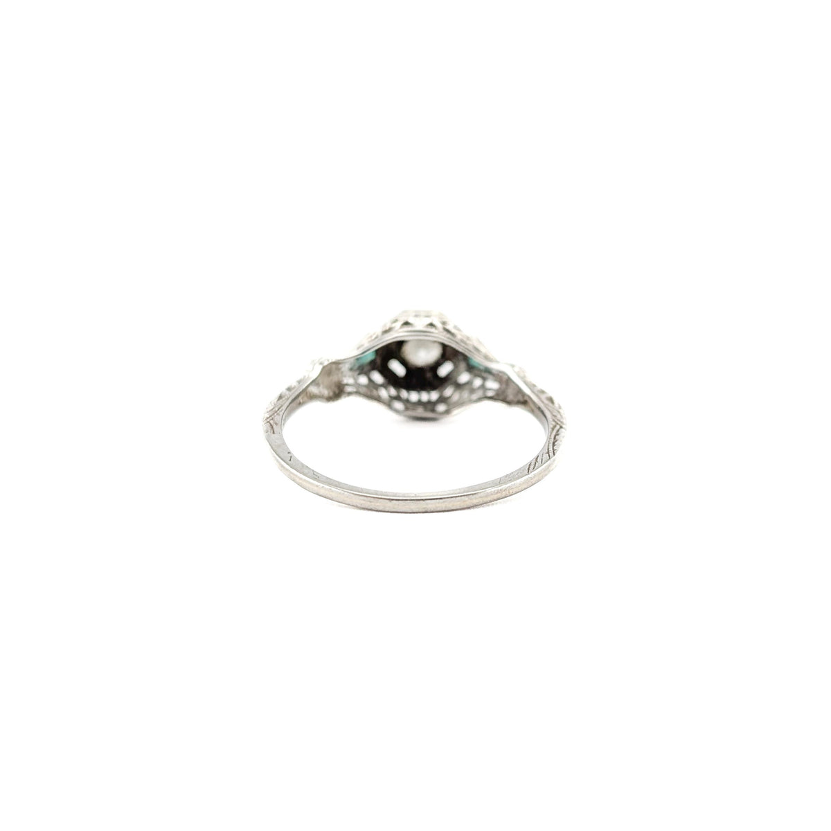 Antique Art Deco 18K White Gold Old European Cut Diamond & Synthetic Emerald Rin