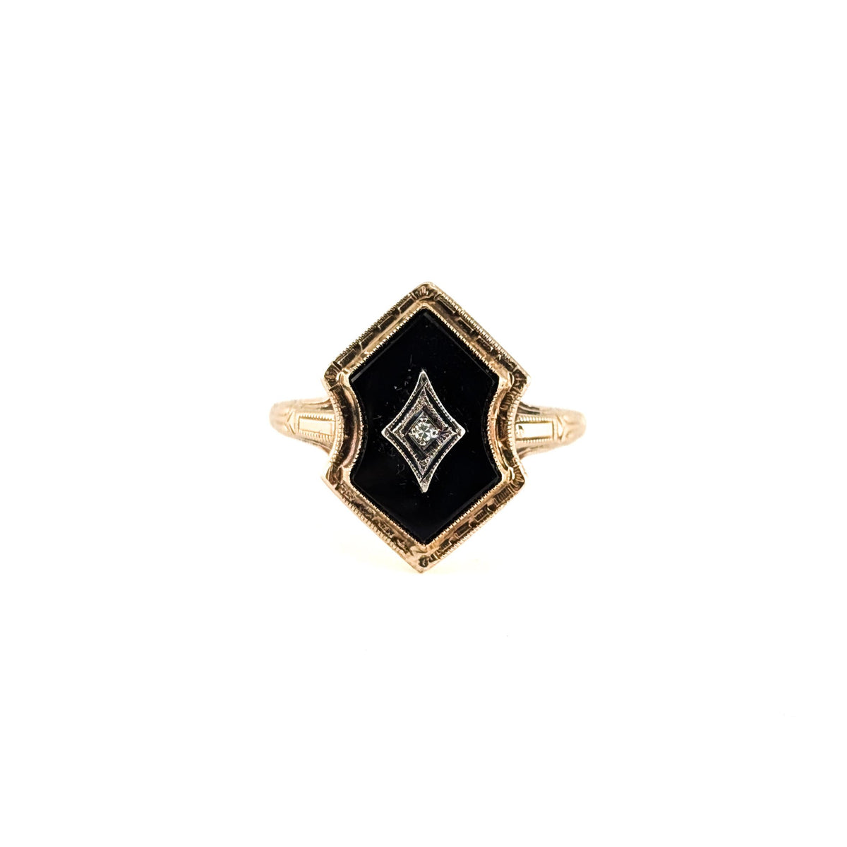 Art Deco 10K Gold Black Onyx & Diamond Ring with Platinum Accent