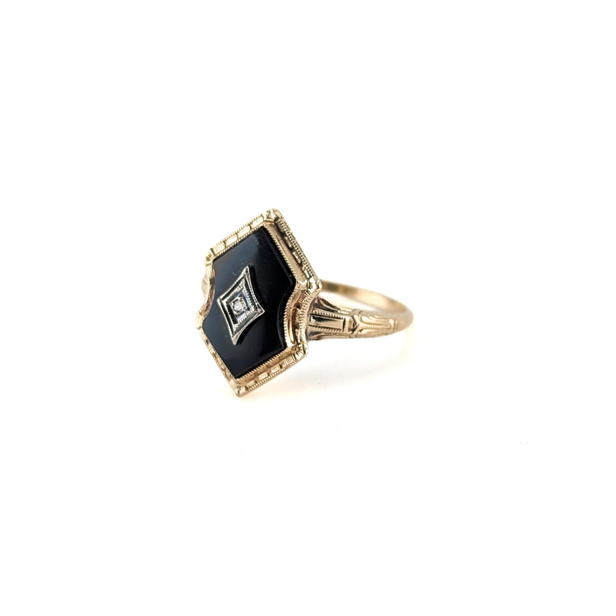 Art Deco 10K Gold Black Onyx & Diamond Ring with Platinum Accent