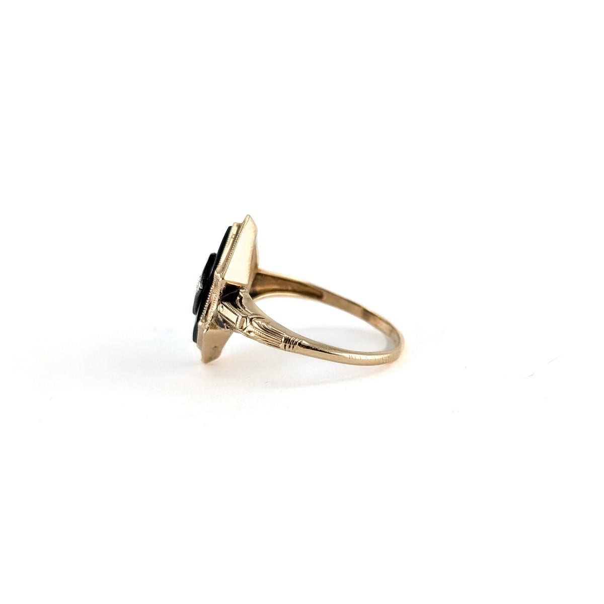Art Deco 10K Gold Black Onyx & Diamond Ring with Platinum Accent
