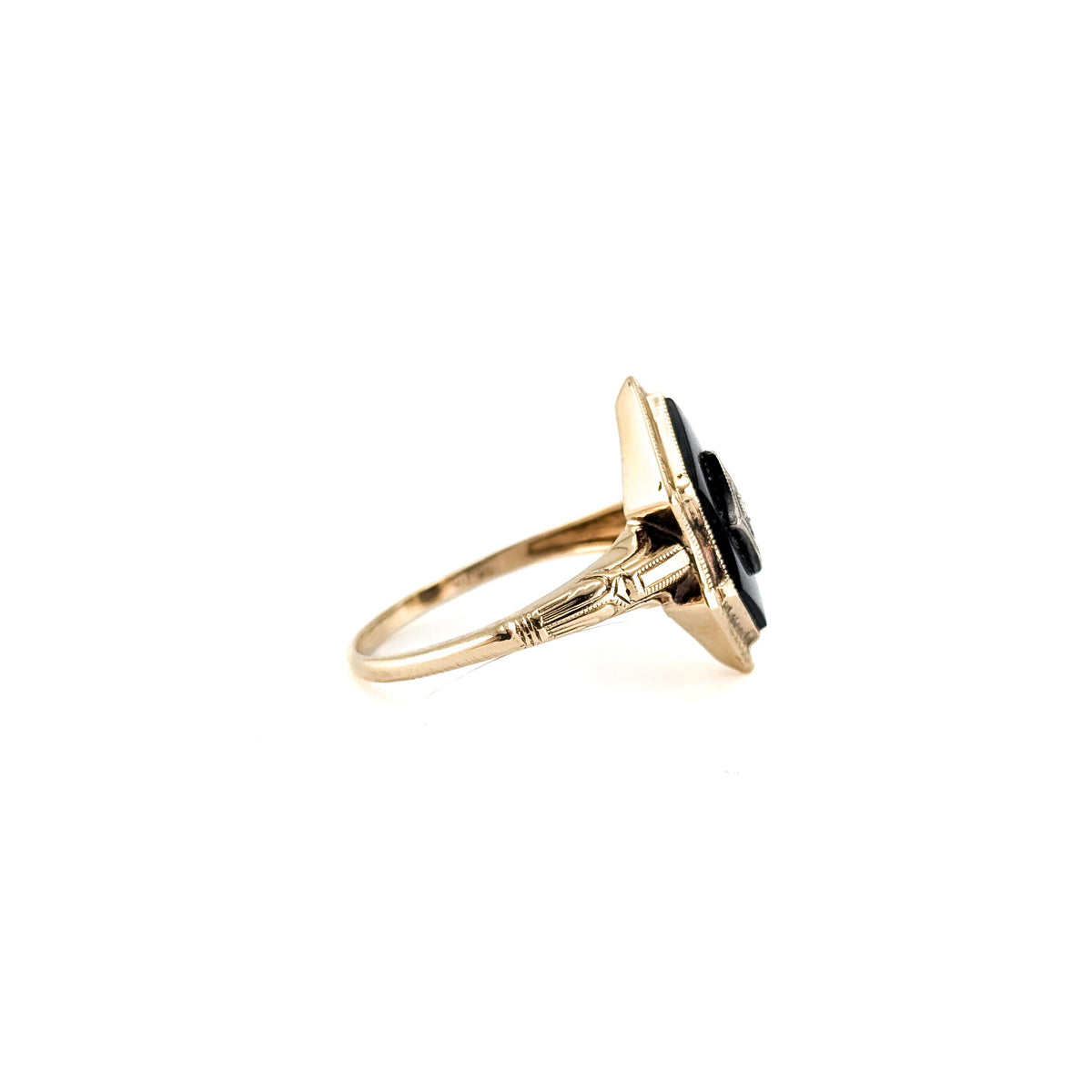 Art Deco 10K Gold Black Onyx & Diamond Ring with Platinum Accent