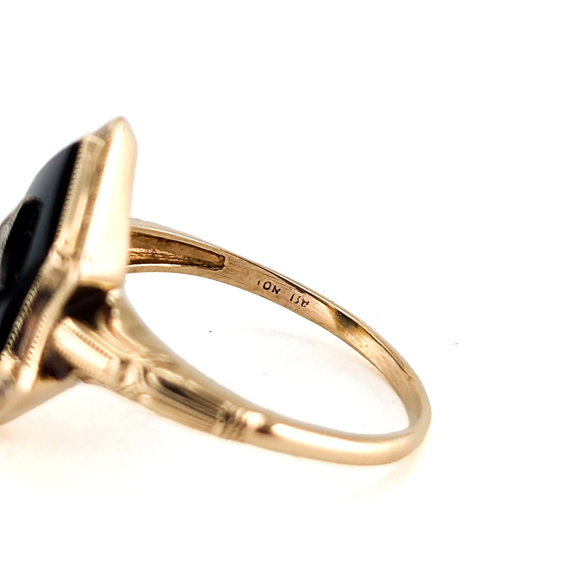 Art Deco 10K Gold Black Onyx & Diamond Ring with Platinum Accent