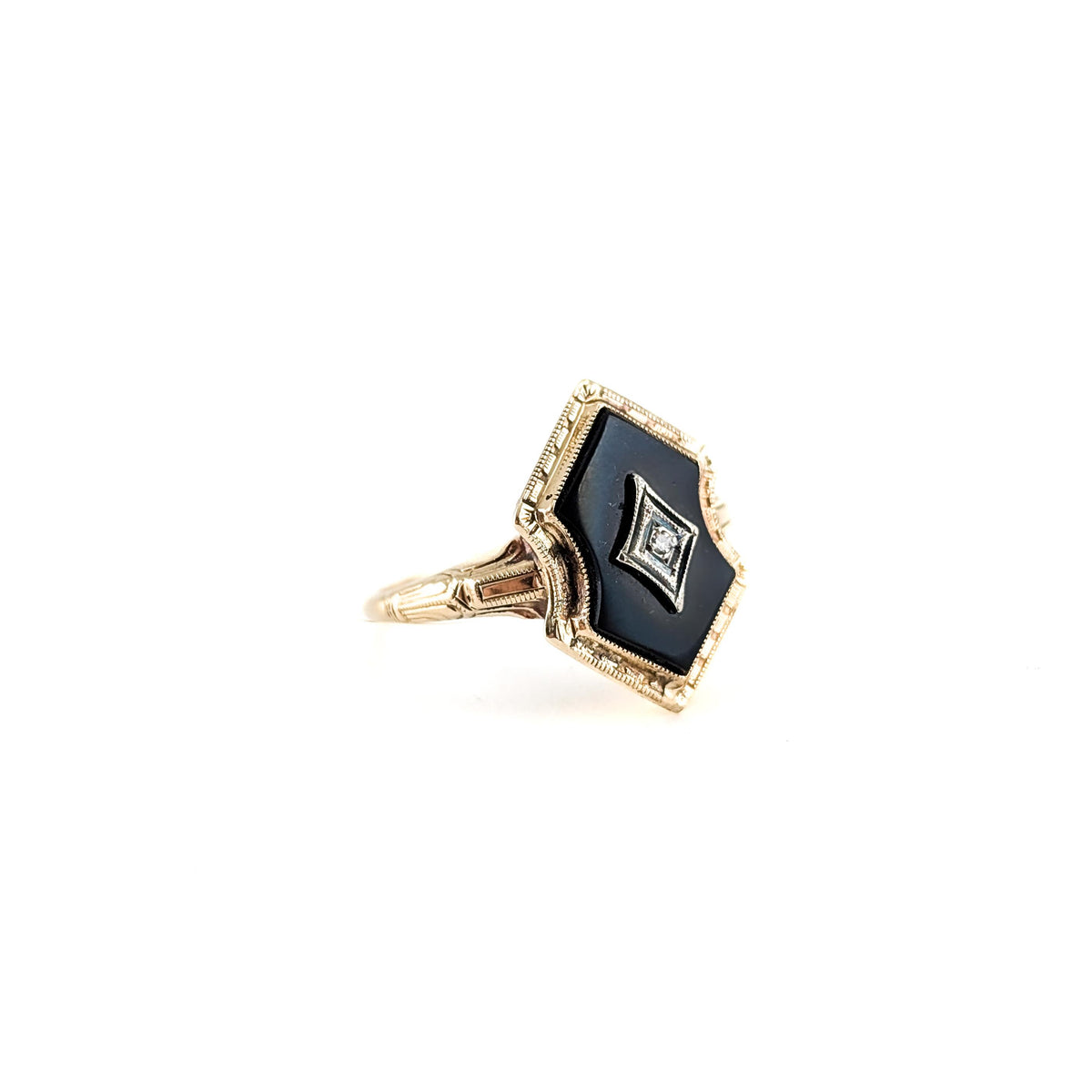 Art Deco 10K Gold Black Onyx & Diamond Ring with Platinum Accent
