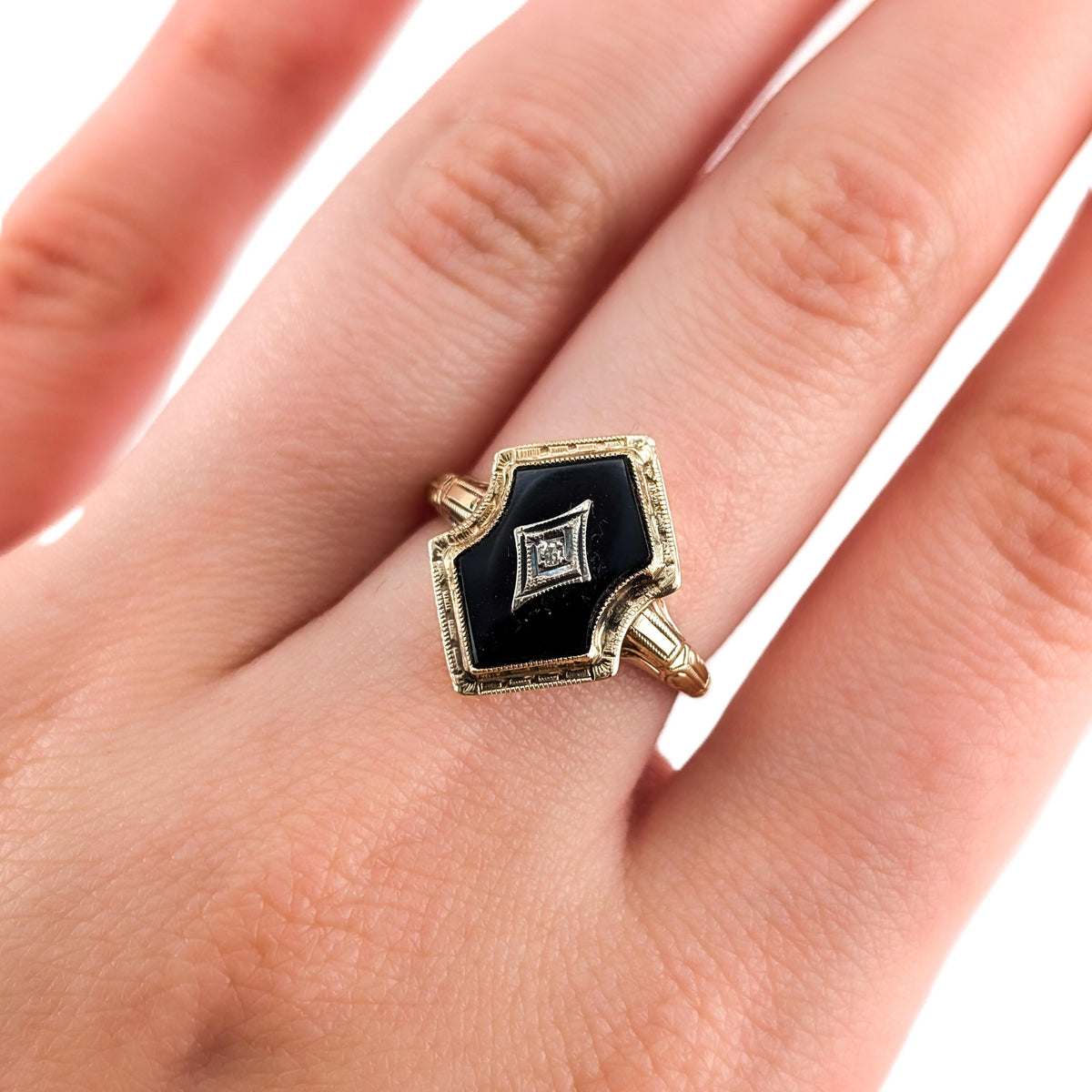 Art Deco 10K Gold Black Onyx & Diamond Ring with Platinum Accent