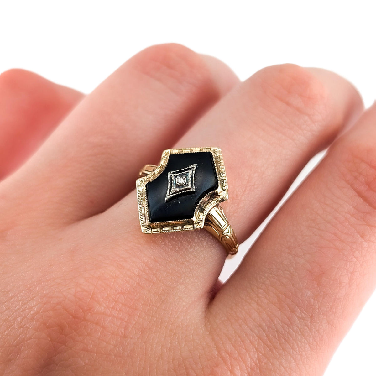 Art Deco 10K Gold Black Onyx & Diamond Ring with Platinum Accent