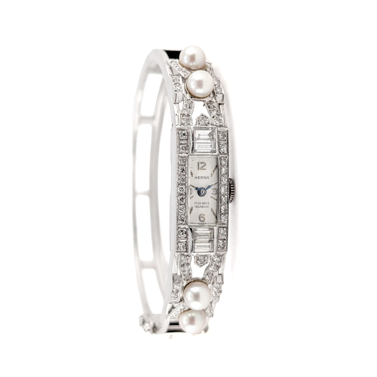 Vintage Herna 14K White Gold Diamond & Pearl Mechanical Wristwatch