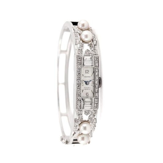 Vintage Herna 14K White Gold Diamond & Pearl Mechanical Wristwatch