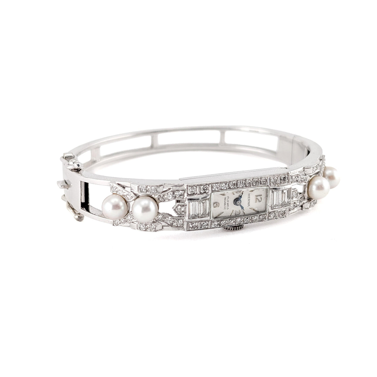 Vintage Herna 14K White Gold Diamond & Pearl Mechanical Wristwatch