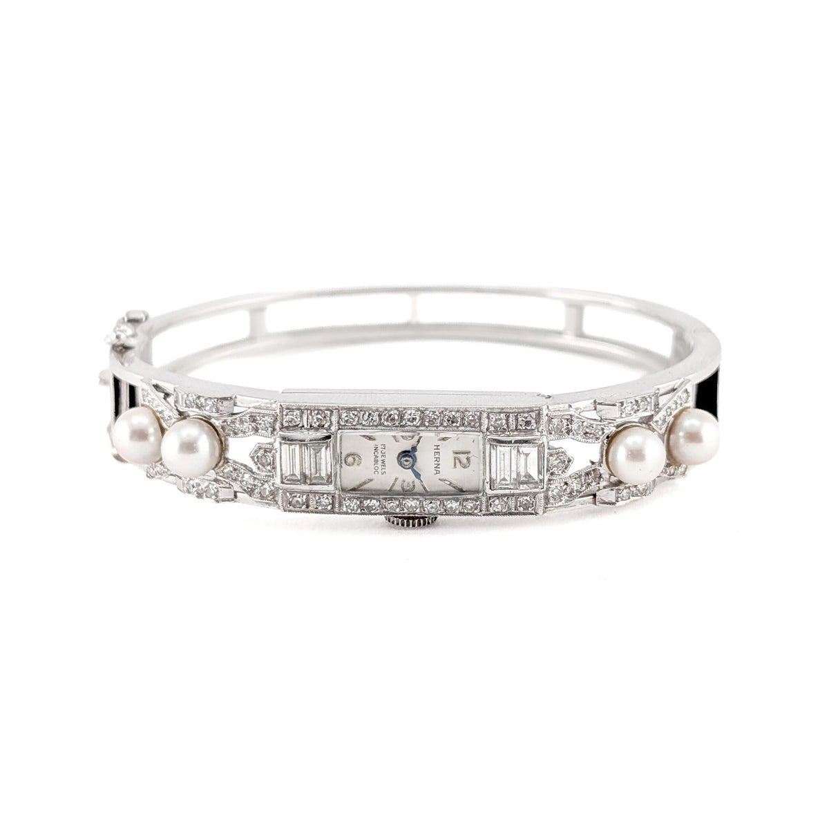 Vintage Herna 14K White Gold Diamond & Pearl Mechanical Wristwatch