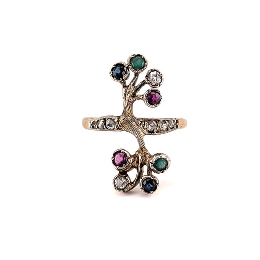Vintage 10K Gold Rose-Cut Diamond, Ruby, Sapphire & Emerald Branch Ring