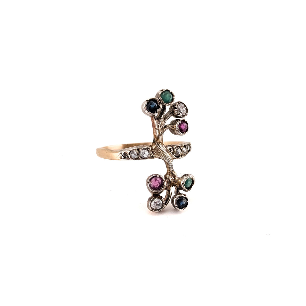 Vintage 10K Gold Rose-Cut Diamond, Ruby, Sapphire & Emerald Branch Ring
