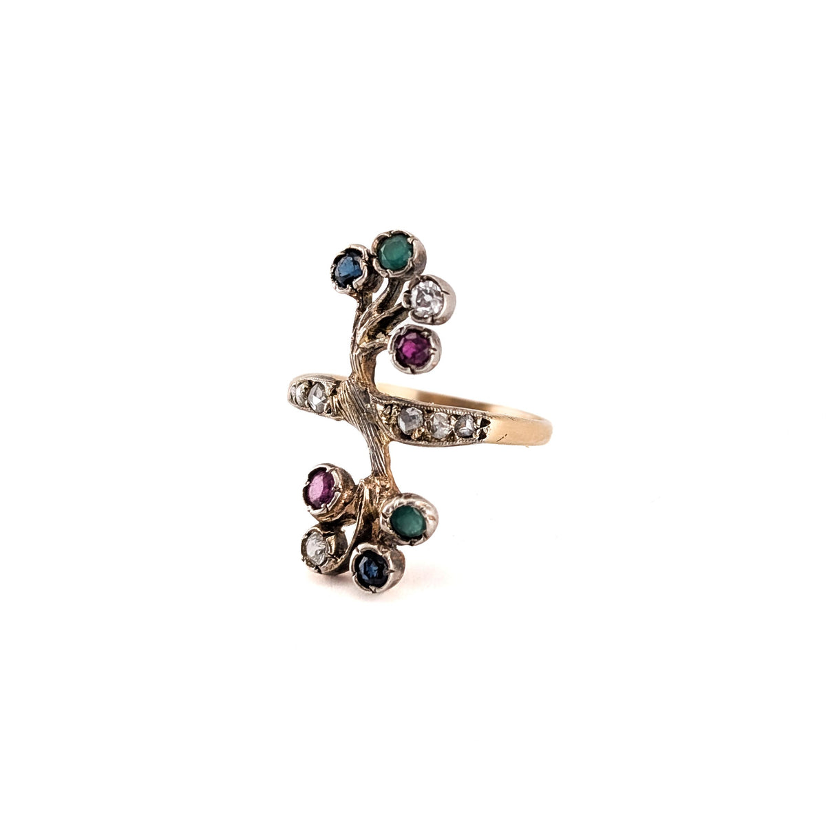 Vintage 10K Gold Rose-Cut Diamond, Ruby, Sapphire & Emerald Branch Ring
