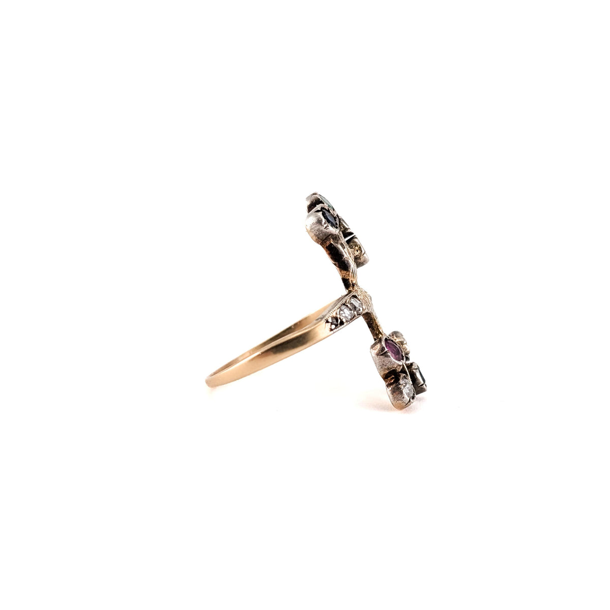Vintage 10K Gold Rose-Cut Diamond, Ruby, Sapphire & Emerald Branch Ring