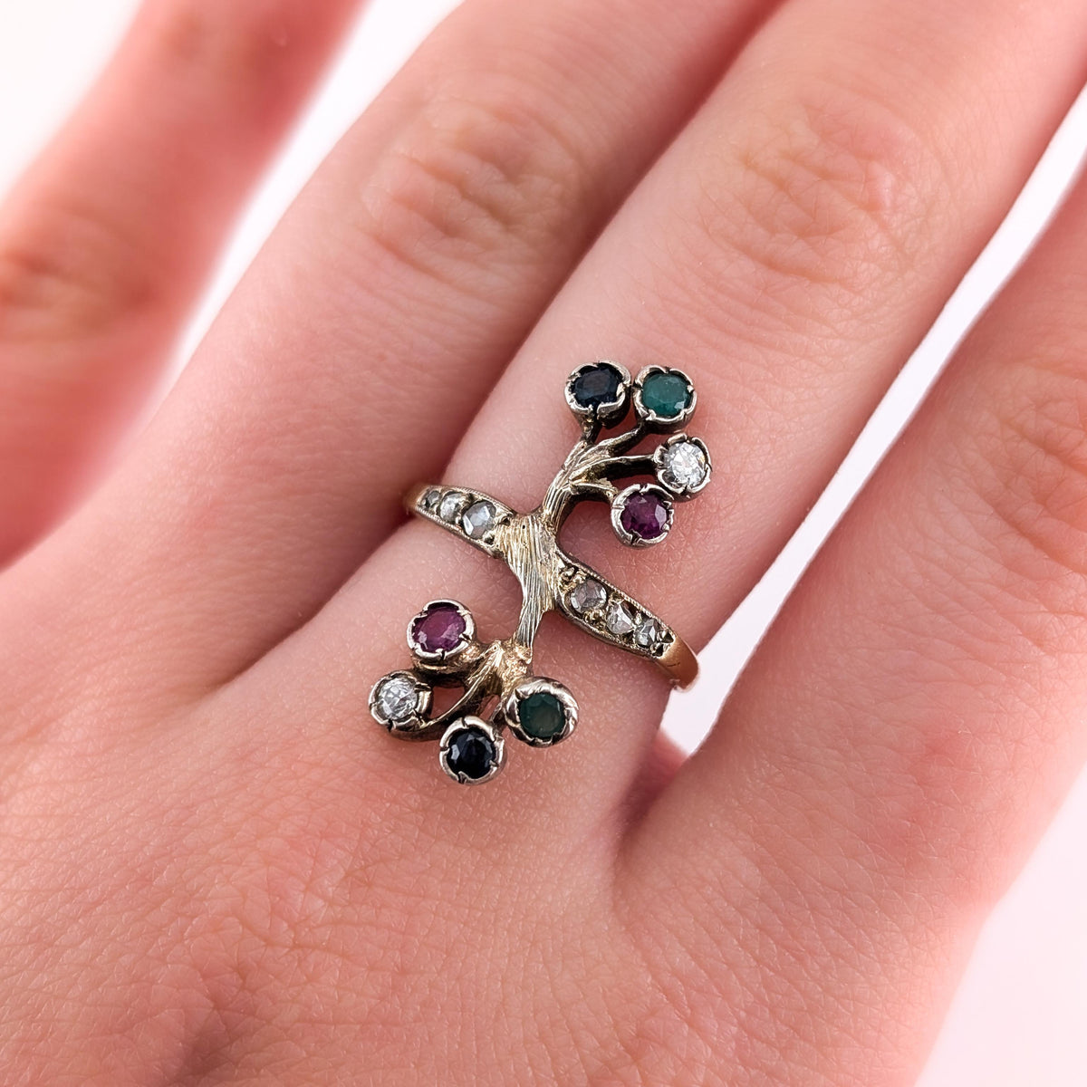 Vintage 10K Gold Rose-Cut Diamond, Ruby, Sapphire & Emerald Branch Ring