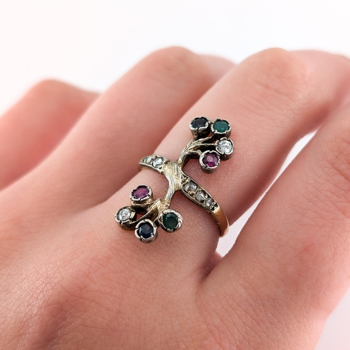 Vintage 10K Gold Rose-Cut Diamond, Ruby, Sapphire & Emerald Branch Ring