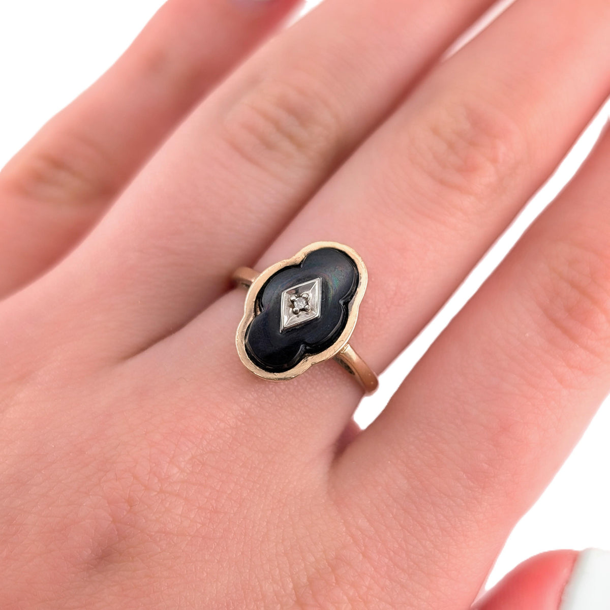 Vintage 10K Gold Black Onyx & Diamond Ring