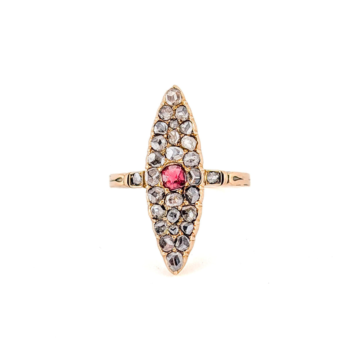 Antique Victorian 14K Gold Rose-Cut Diamond & Tourmaline Ring