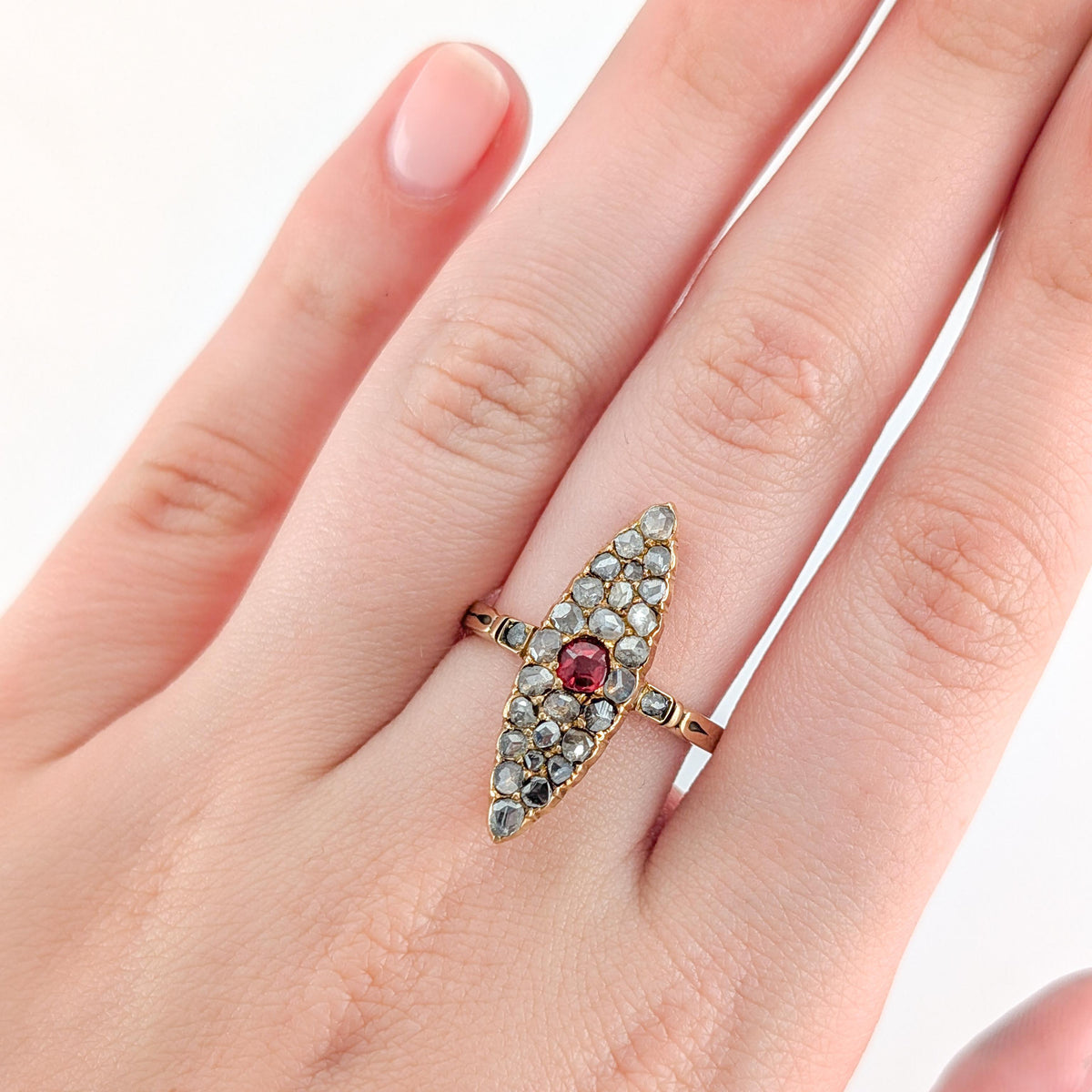 Antique Victorian 14K Gold Rose-Cut Diamond & Tourmaline Ring