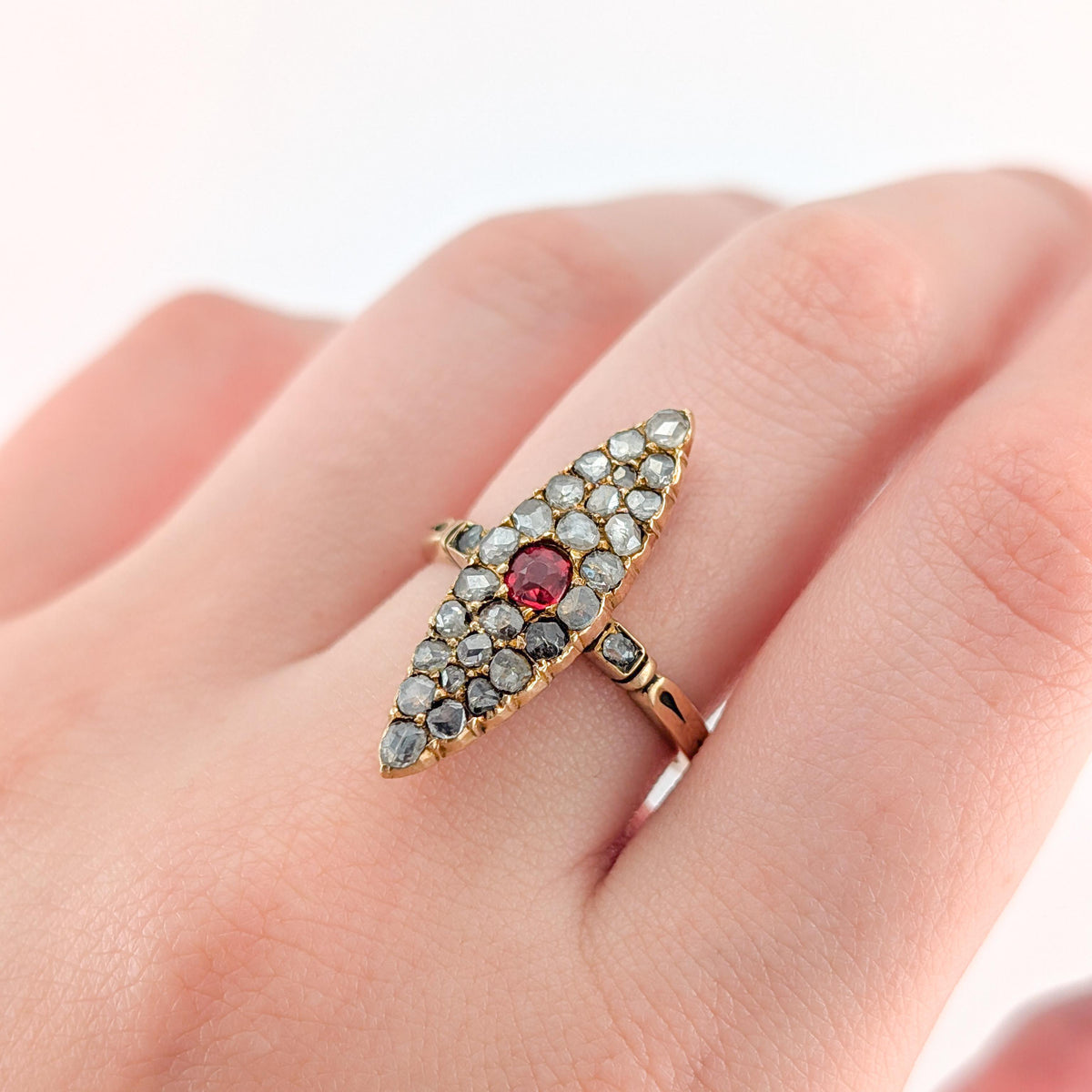 Antique Victorian 14K Gold Rose-Cut Diamond & Tourmaline Ring