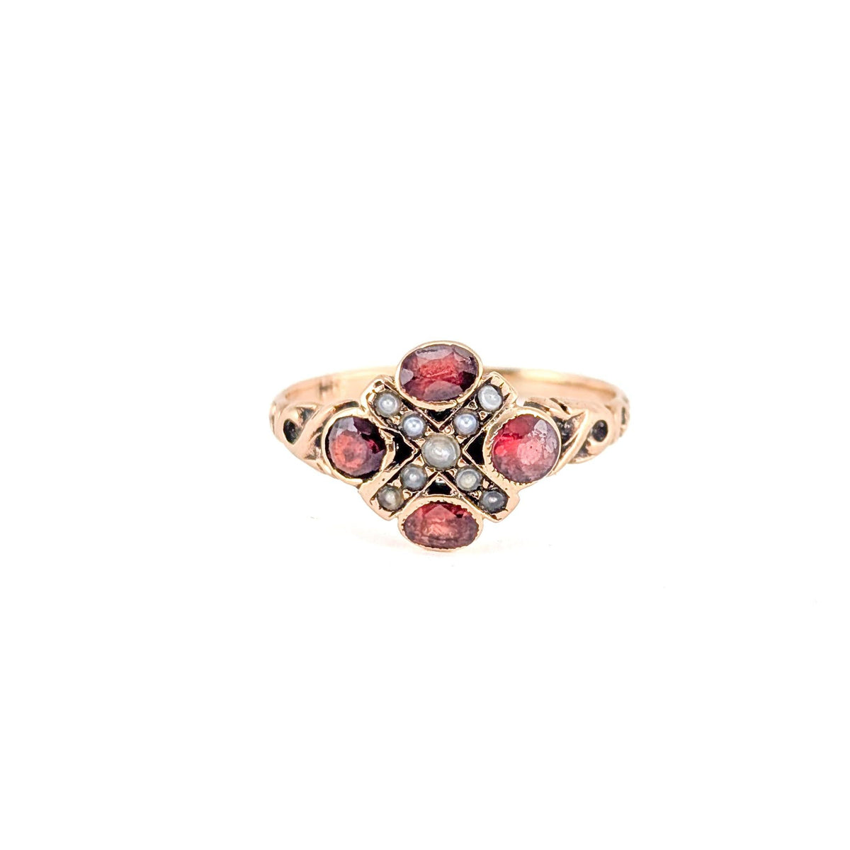Antique Victorian 10K Gold Garnet & Seed Pearl Cluster Ring