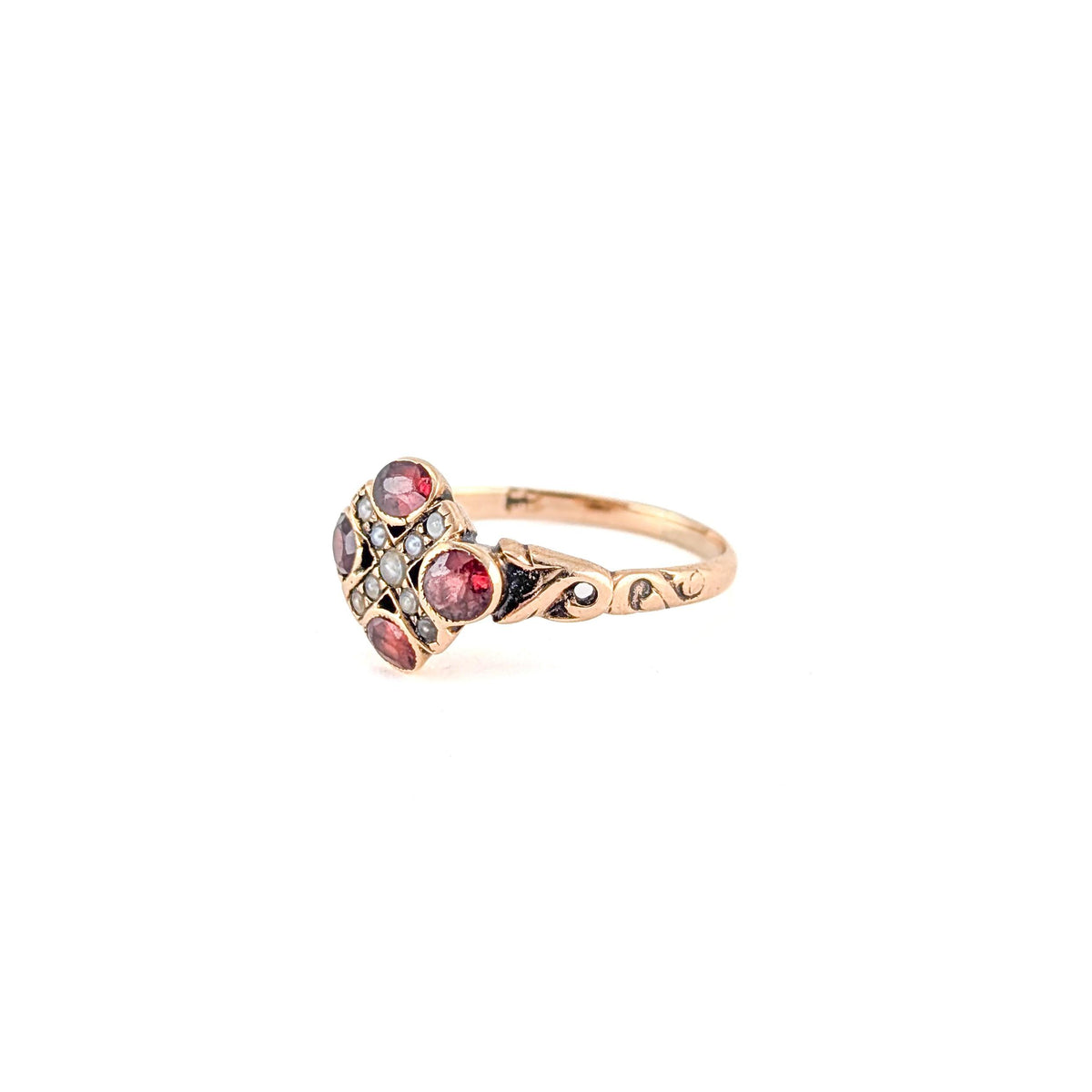 Antique Victorian 10K Gold Garnet & Seed Pearl Cluster Ring