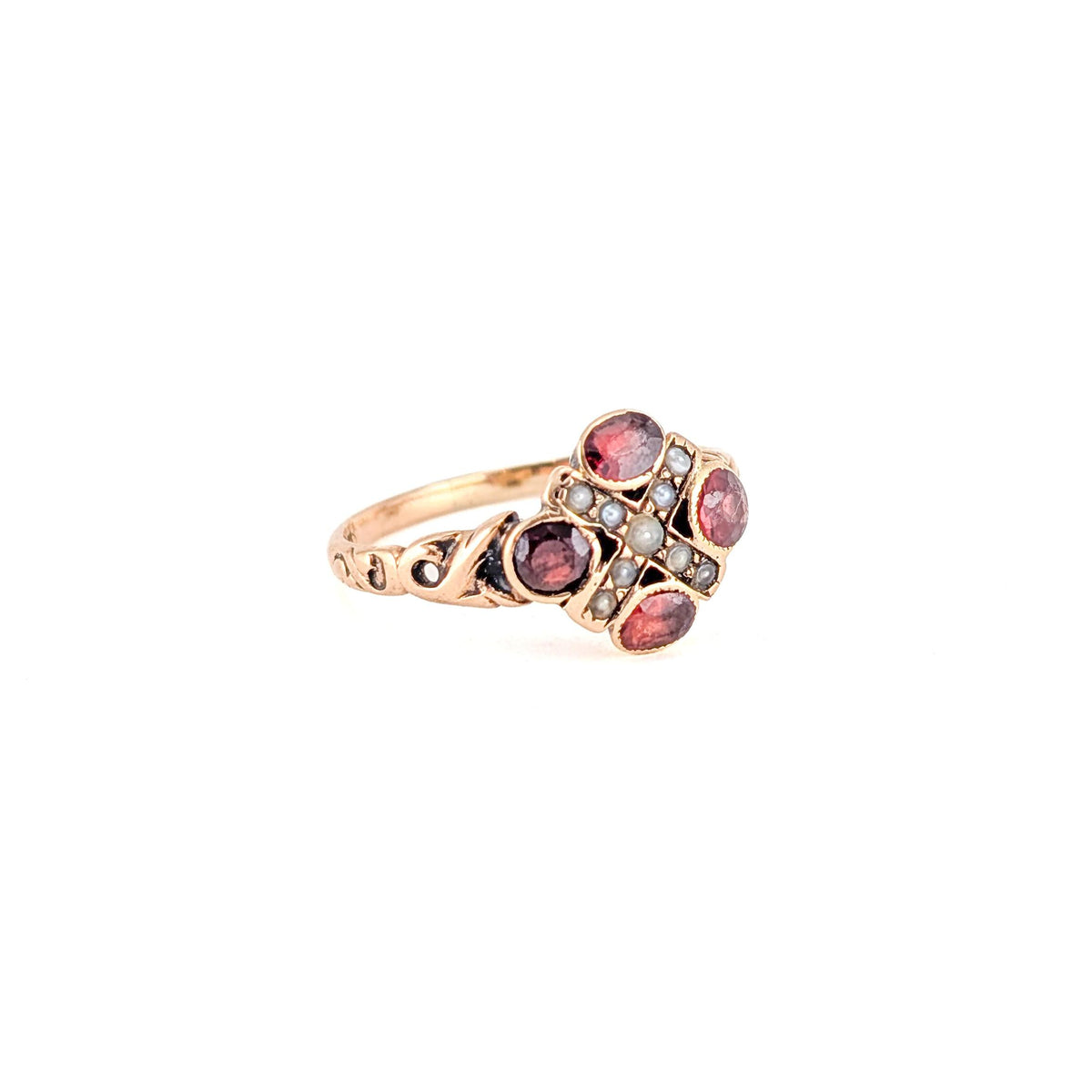 Antique Victorian 10K Gold Garnet & Seed Pearl Cluster Ring