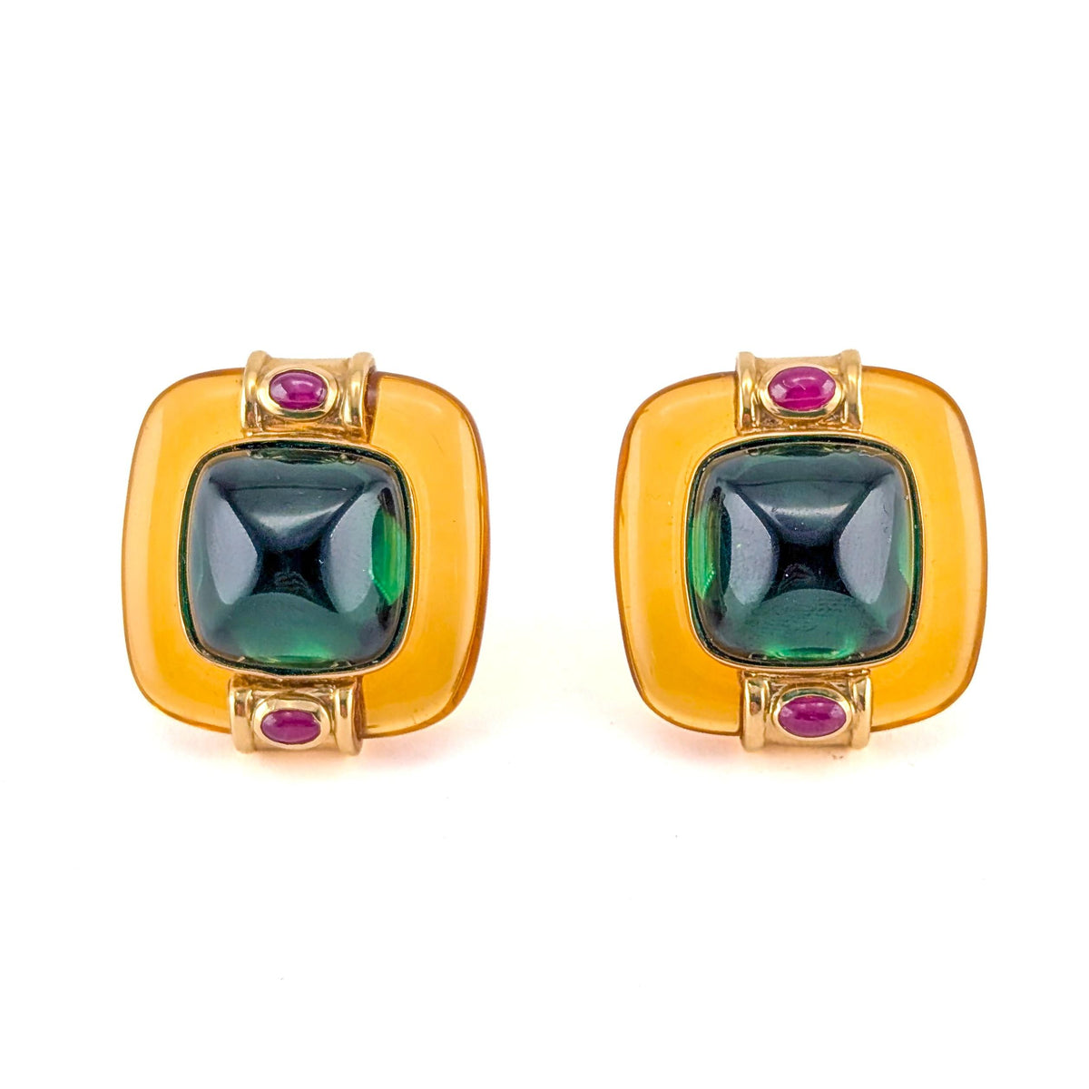 Vintage 14K Gold Tourmaline Citrine and Ruby Omega back earrings