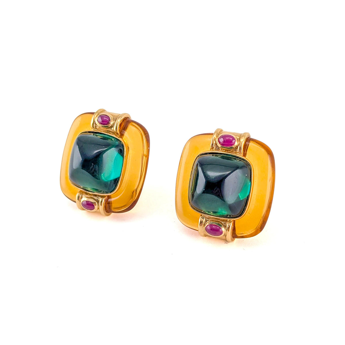 Vintage 14K Gold Tourmaline Citrine and Ruby Omega back earrings