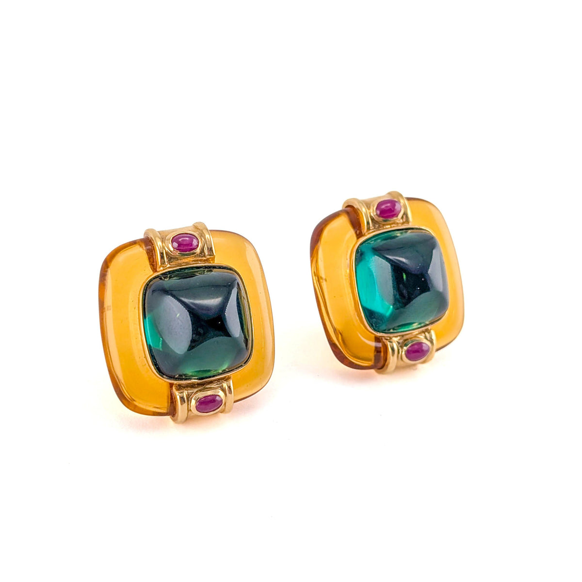 Vintage 14K Gold Tourmaline Citrine and Ruby Omega back earrings