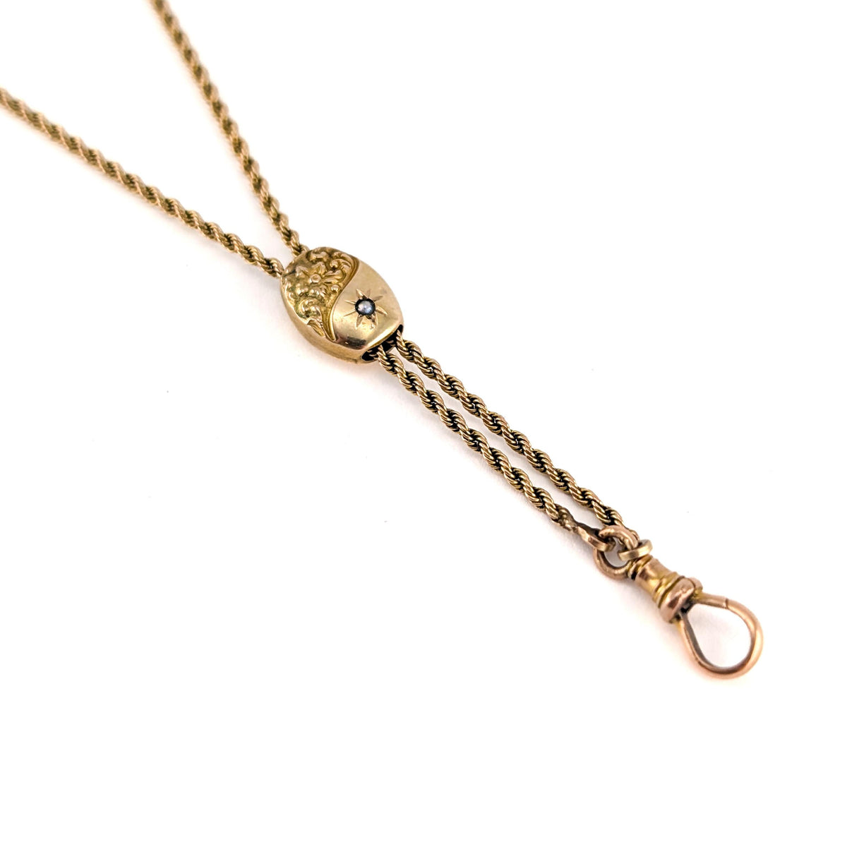 Antique Victorian 10K Gold Slide Chain with 14K Seed Pearl Slider & Dog Clip