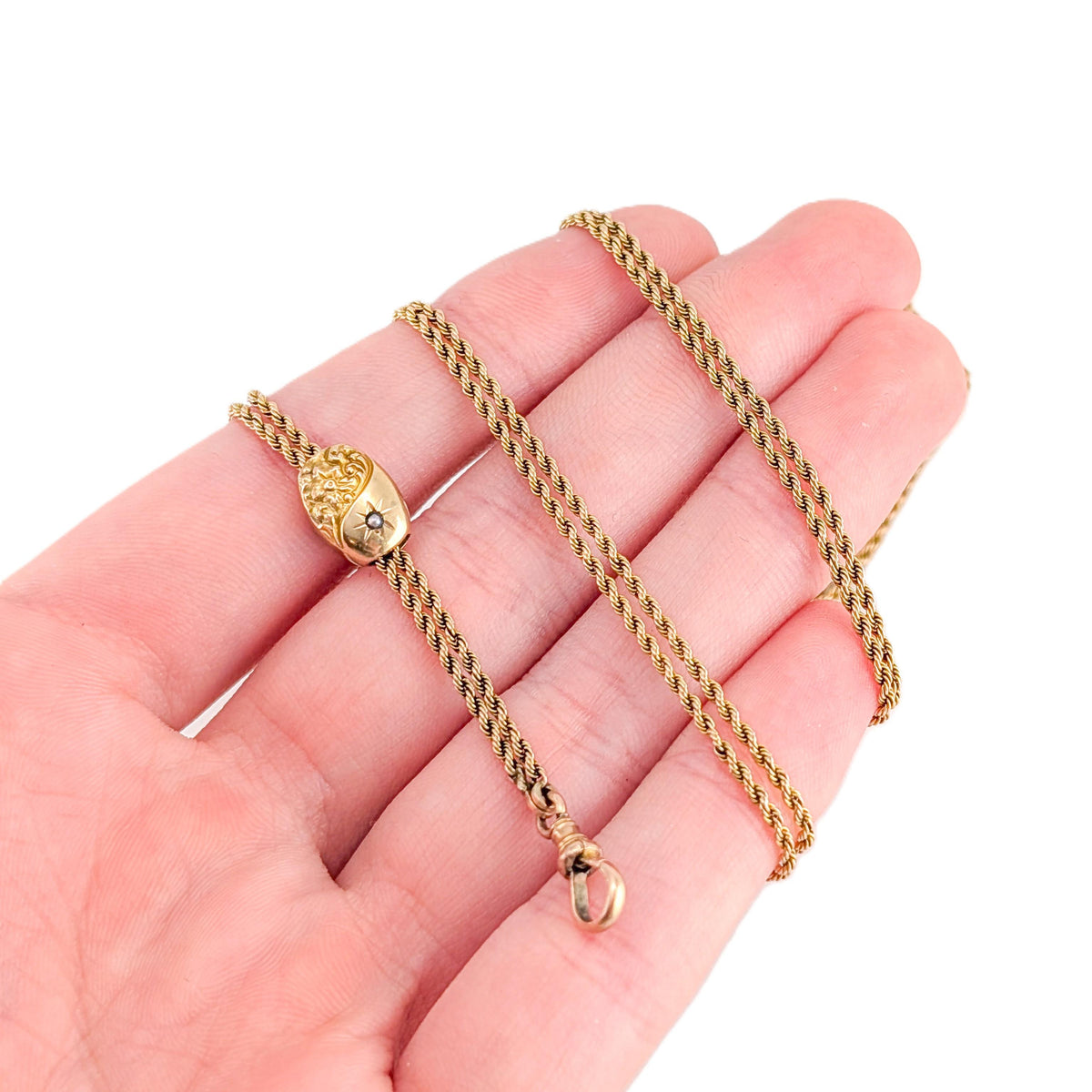 Antique Victorian 10K Gold Slide Chain with 14K Seed Pearl Slider & Dog Clip
