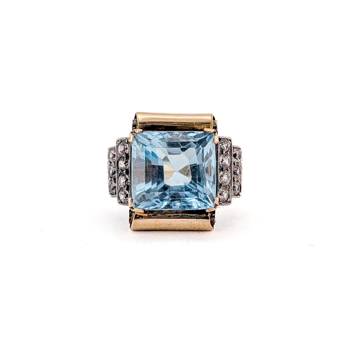 Vintage 14K Gold & Platinum 7 ct Aquamarine Retro Tank Ring with Paste Accents