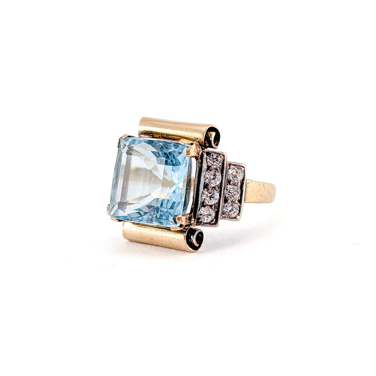 Vintage 14K Gold & Platinum 7 ct Aquamarine Retro Tank Ring with Paste Accents