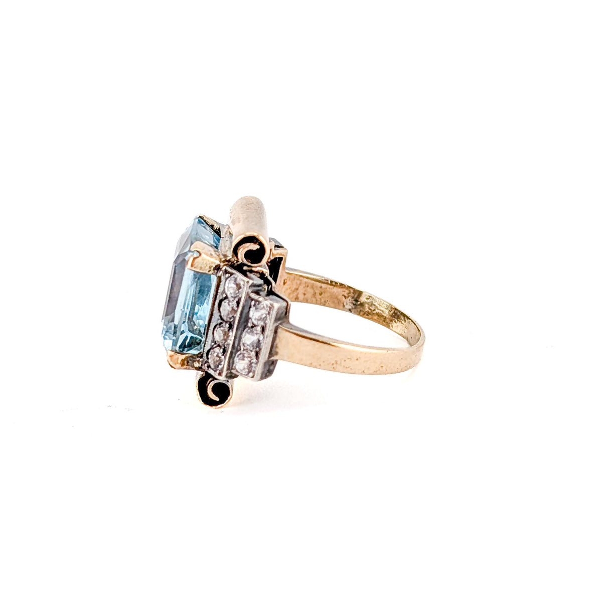 Vintage 14K Gold & Platinum 7 ct Aquamarine Retro Tank Ring with Paste Accents