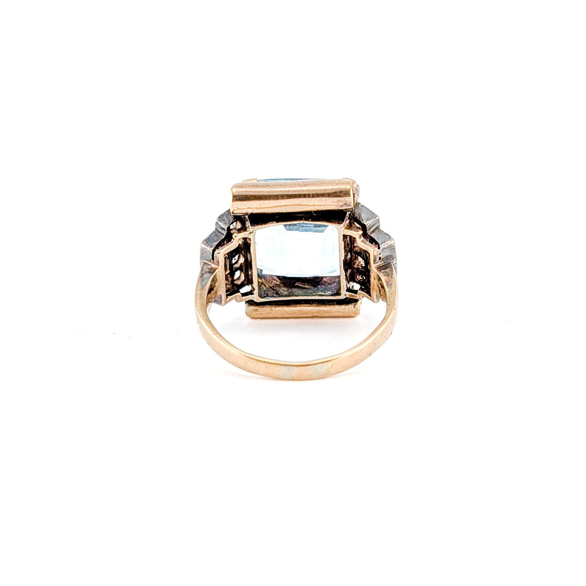 Vintage 14K Gold & Platinum 7 ct Aquamarine Retro Tank Ring with Paste Accents