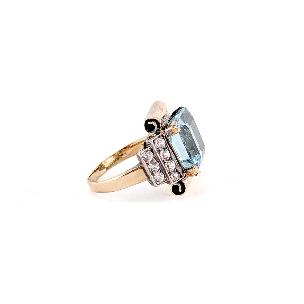 Vintage 14K Gold & Platinum 7 ct Aquamarine Retro Tank Ring with Paste Accents