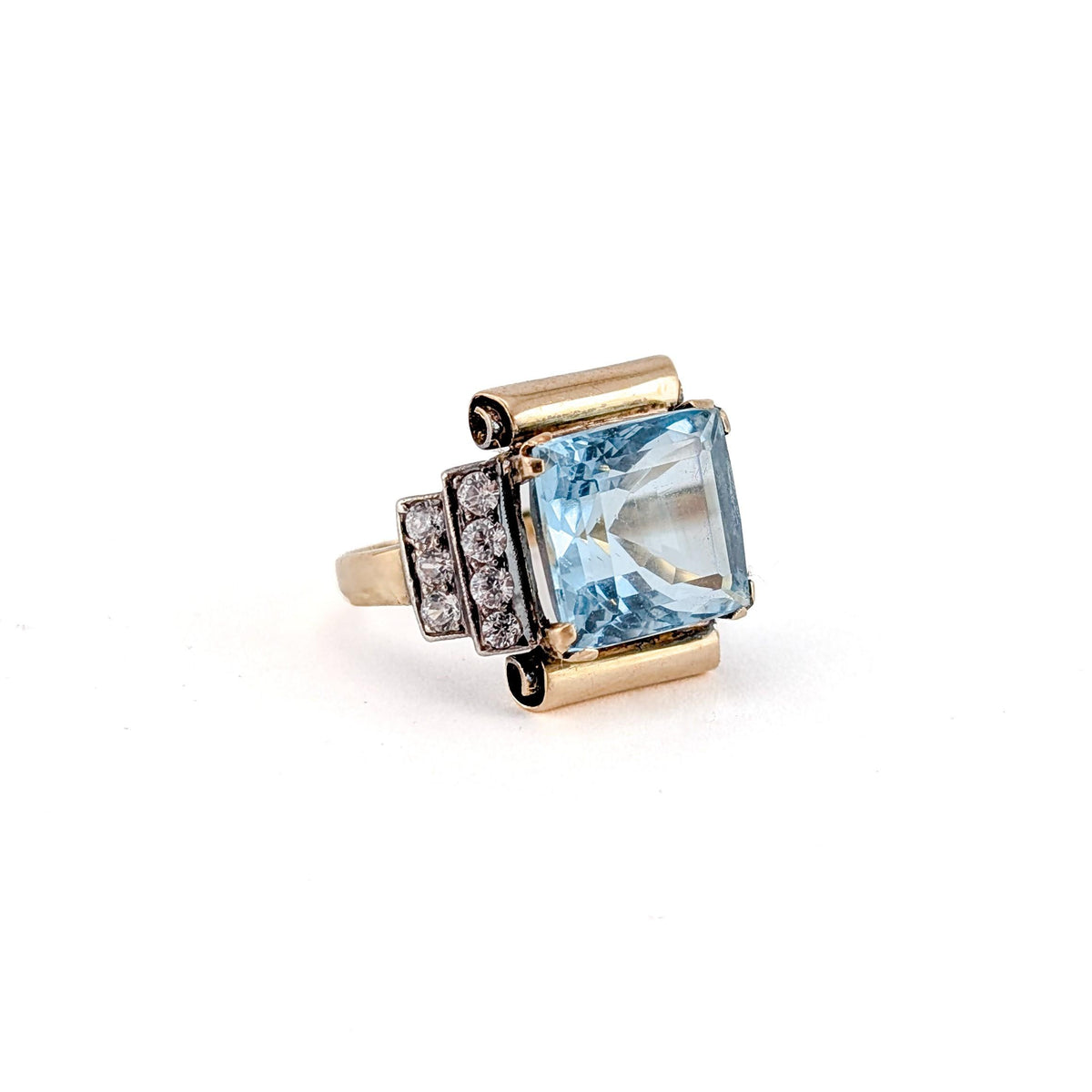 Vintage 14K Gold & Platinum 7 ct Aquamarine Retro Tank Ring with Paste Accents
